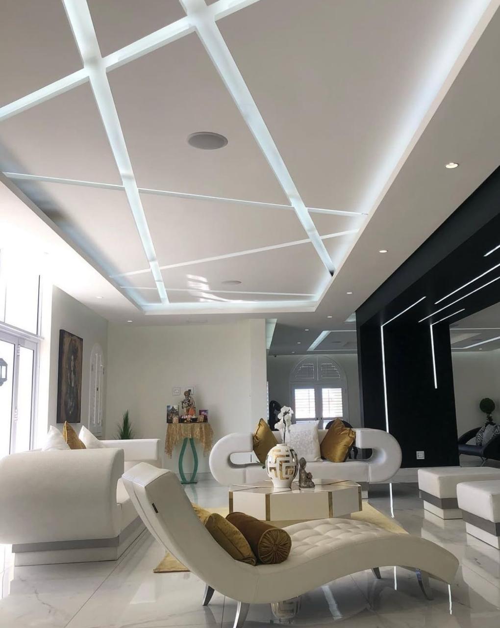 Luxury lounge with decorative ceiling tray, strip-light pattern, perimeter downlights, and cove lighting